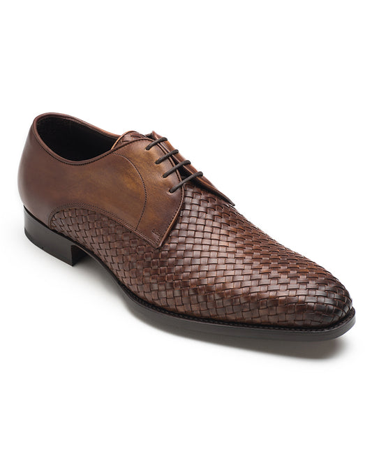 Brown Leather Braided Woven Formal Derby Lace Up Shoes for Men with Leather Sole. Goodyear Welted Construction Available.
