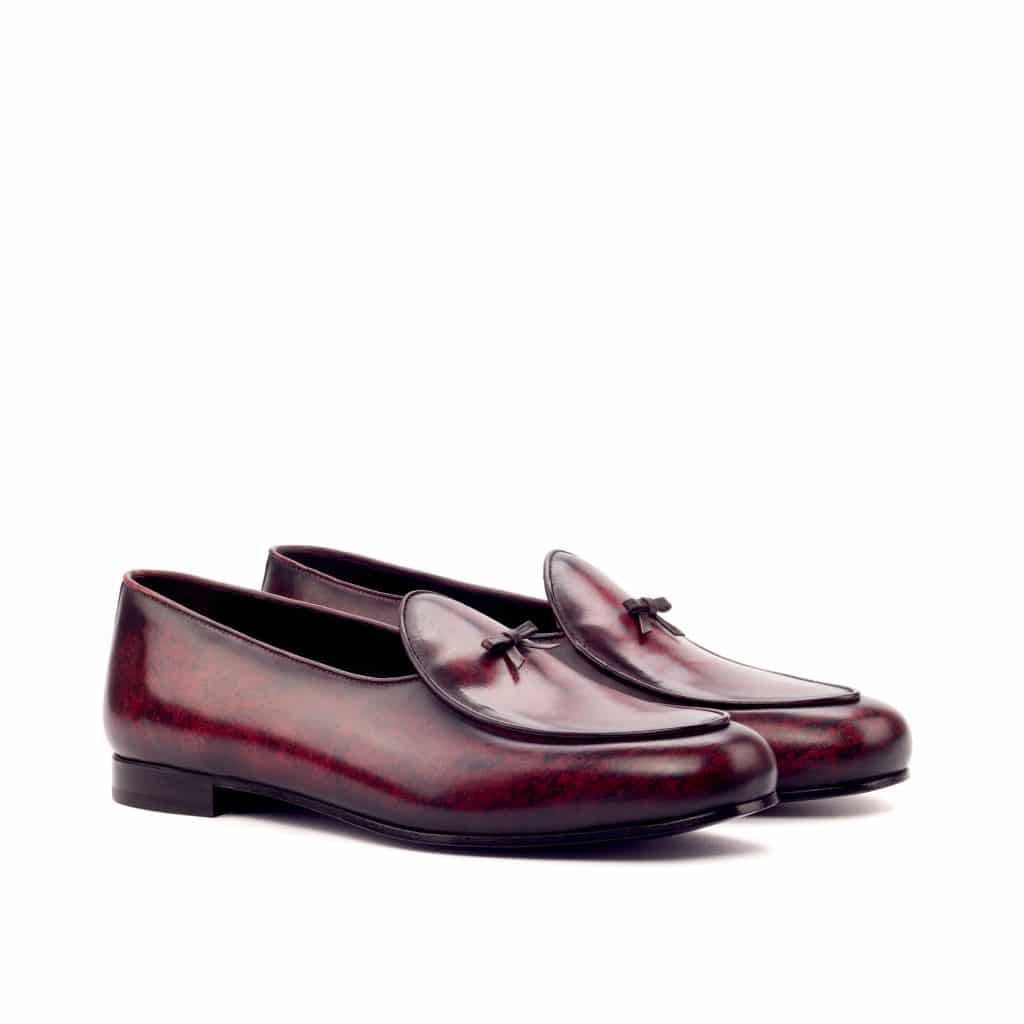Burgundy Patina Finish Leather Formal Bow Loafer Belgian Slip On Shoes for Men with Leather Sole. Goodyear Welted Construction Available.