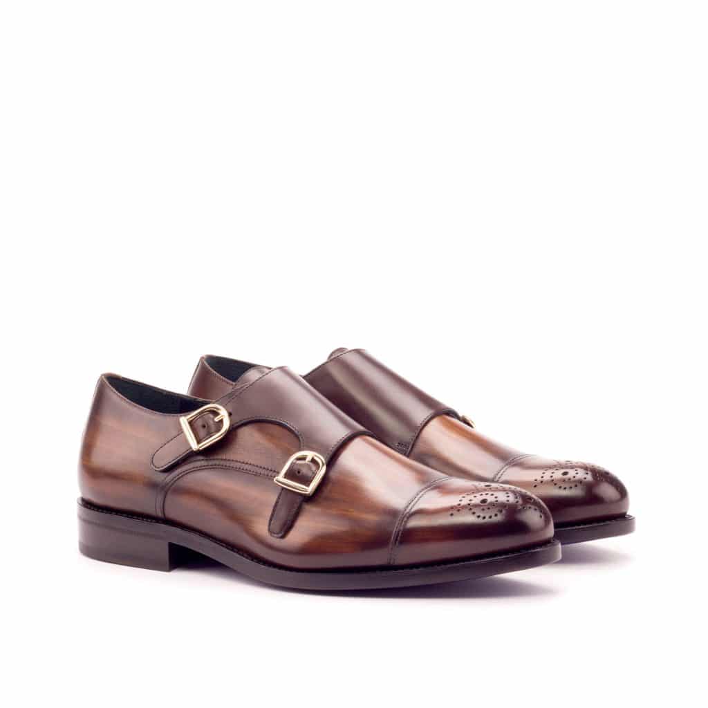Tan Brown Patina Finish Leather Formal Toe Cap Brogue Double Monk Strap Buckle Shoes for Men with Leather Sole. Goodyear Welted Construction Available.