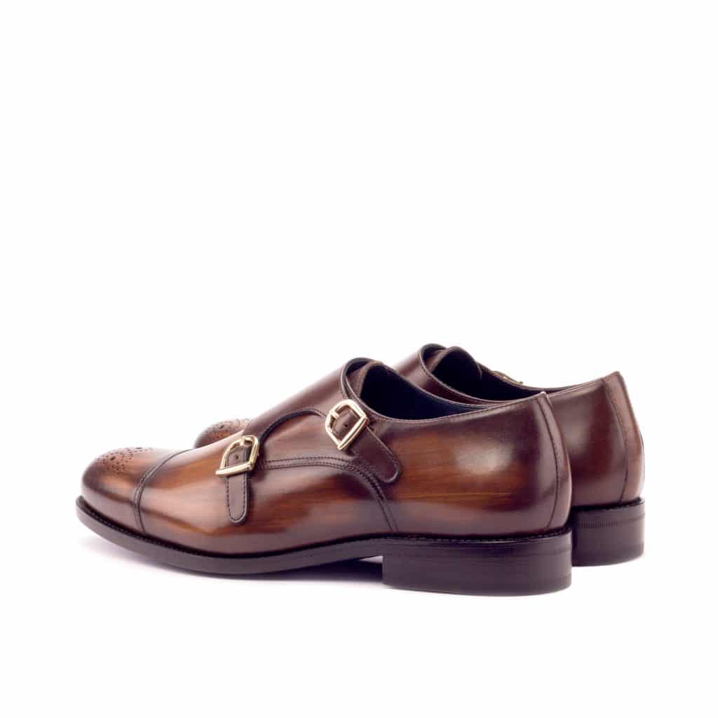 Tan Brown Patina Finish Leather Formal Toe Cap Brogue Double Monk Strap Buckle Shoes for Men with Leather Sole. Goodyear Welted Construction Available.