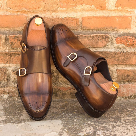 Tan Brown Patina Finish Leather Formal Toe Cap Brogue Double Monk Strap Buckle Shoes for Men with Leather Sole. Goodyear Welted Construction Available.