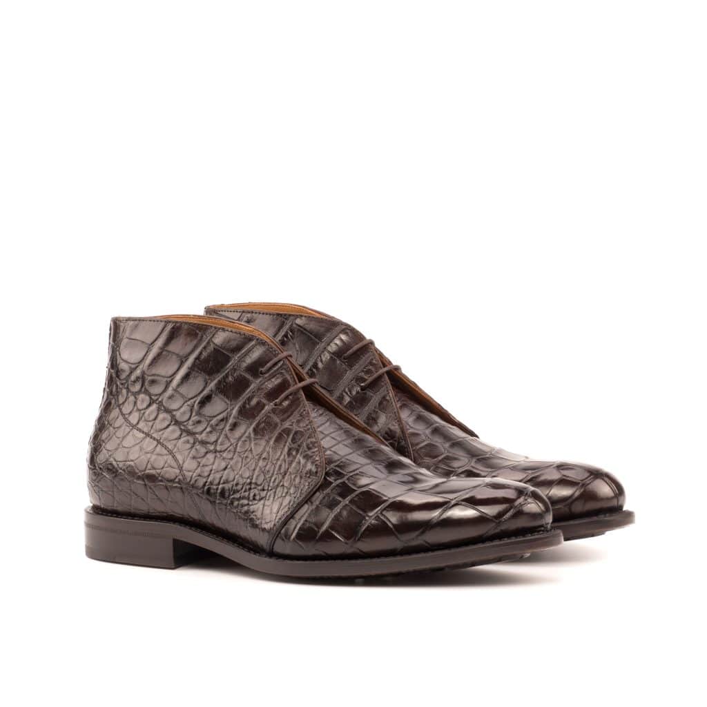 Dark Brown Croco Print Leather Formal Chukka Boot Lace Up Shoes for Men with Leather Sole. Goodyear Welted Construction Available.
