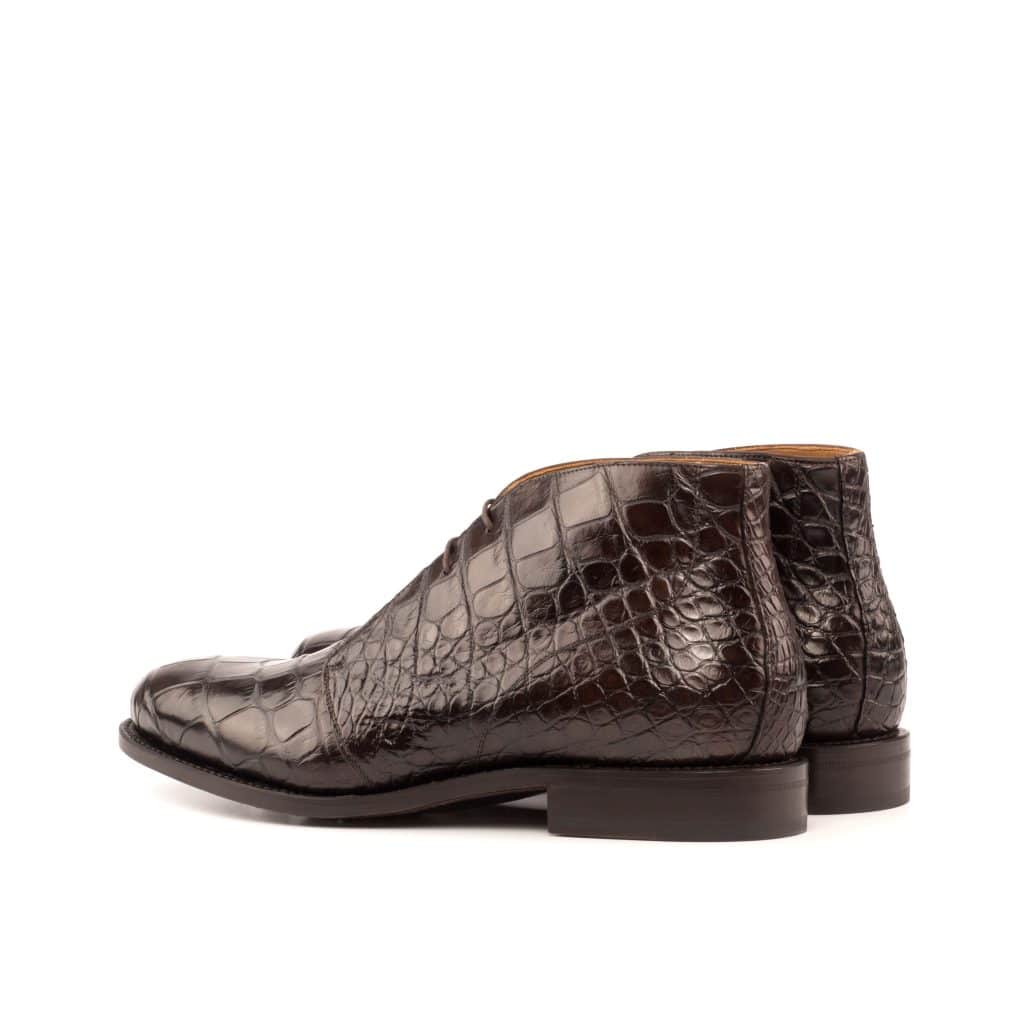 Dark Brown Croco Print Leather Formal Chukka Boot Lace Up Shoes for Men with Leather Sole. Goodyear Welted Construction Available.