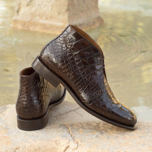 Dark Brown Croco Print Leather Formal Chukka Boot Lace Up Shoes for Men with Leather Sole. Goodyear Welted Construction Available.