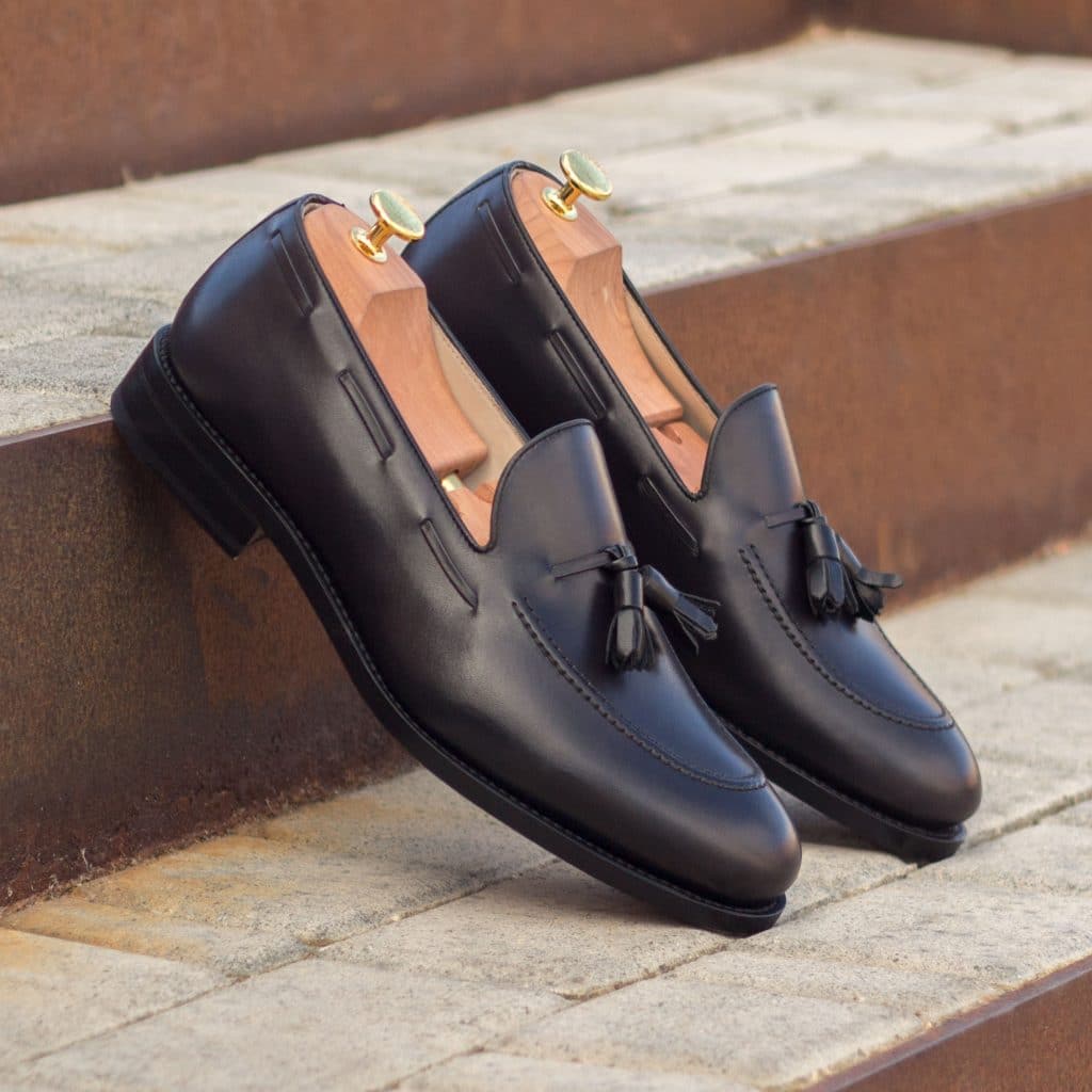Black Leather Formal Tassel Loafer Slip On Shoes for Men with Leather Sole. Goodyear Welted Construction Available.