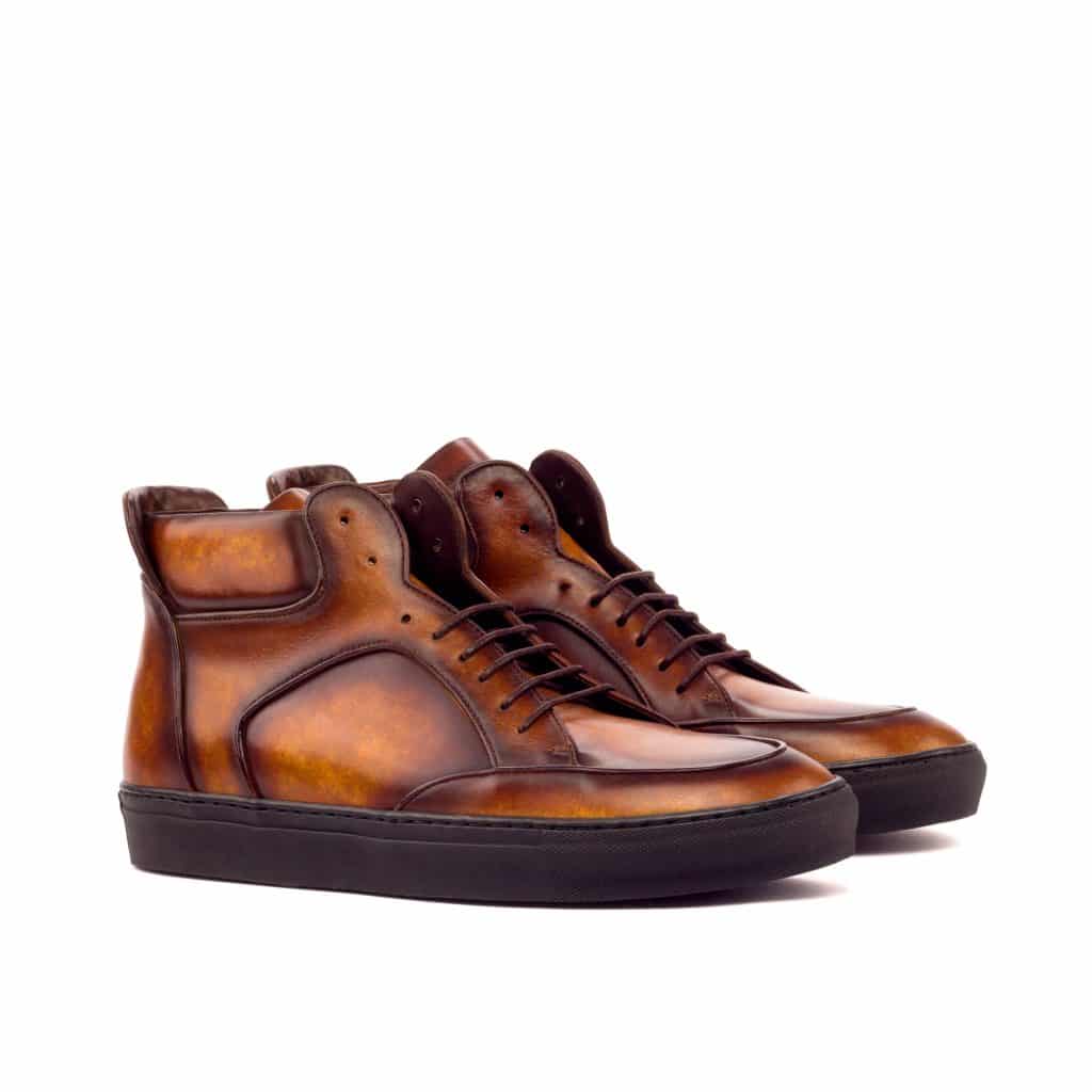 Tan Patina Finish Leather Lace Up High Top Sneaker for Men. Black Comfortable Cup Sole.
