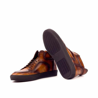 Tan Patina Finish Leather Lace Up High Top Sneaker for Men. Black Comfortable Cup Sole.