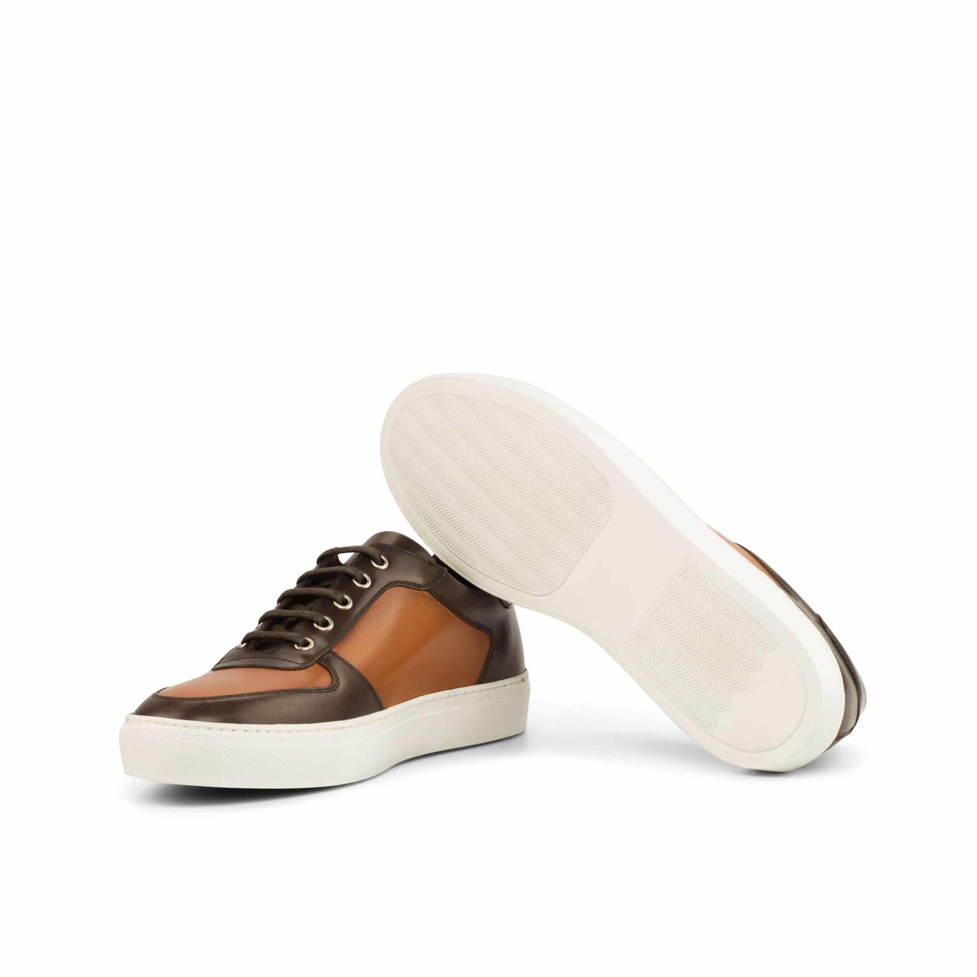 Tan and Brown Leather Low Top Lace Up Sneaker for Men. White Comfortable Cup Sole.