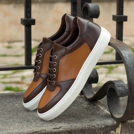 Tan and Brown Leather Low Top Lace Up Sneaker for Men. White Comfortable Cup Sole.