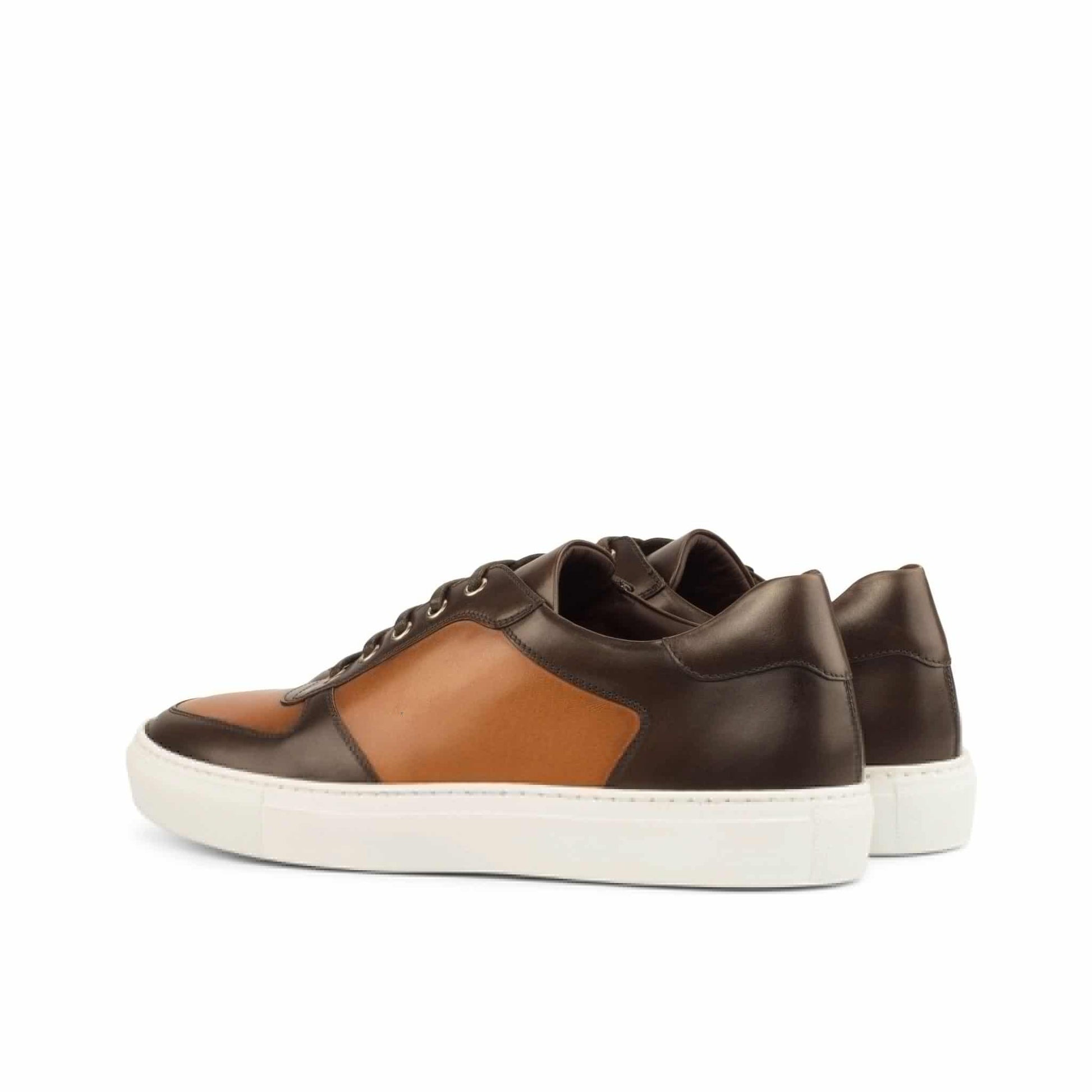 Tan and Brown Leather Low Top Lace Up Sneaker for Men. White Comfortable Cup Sole.
