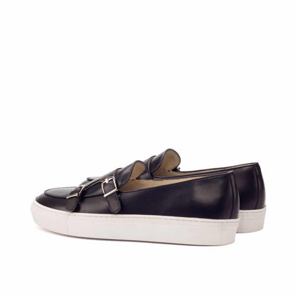 Black Leather Slip On Monk Strap Sneaker for Men. White Comfortable Cup Sole.