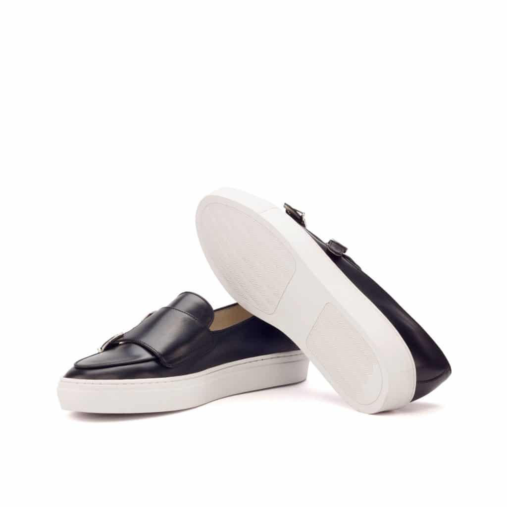 Black Leather Slip On Monk Strap Sneaker for Men. White Comfortable Cup Sole.