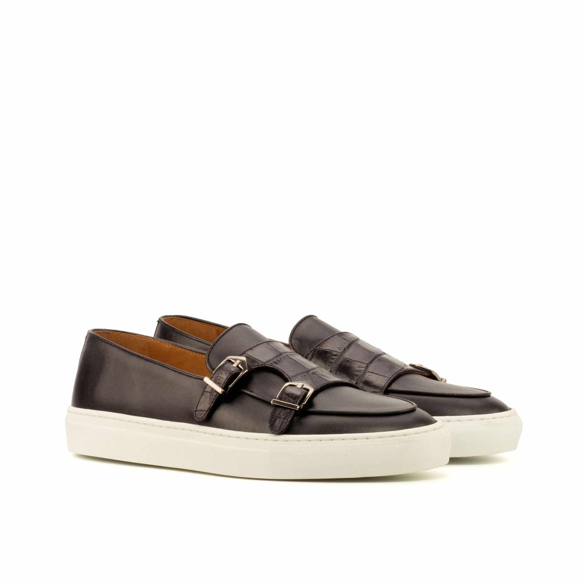 Black Croco Print Leather Slip On Monk Strap Sneaker for Men. White Comfortable Cup Sole.