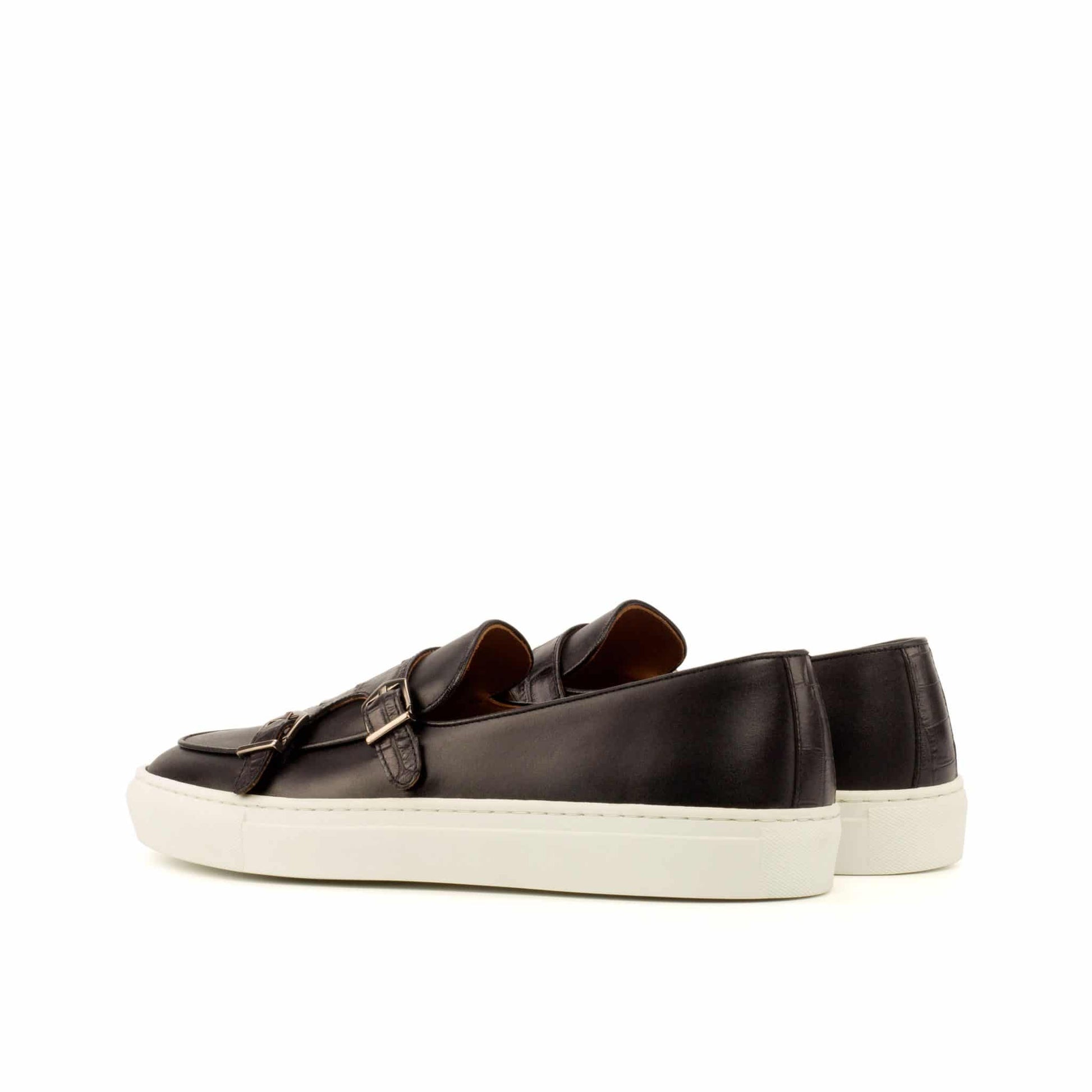 Black Croco Print Leather Slip On Monk Strap Sneaker for Men. White Comfortable Cup Sole.