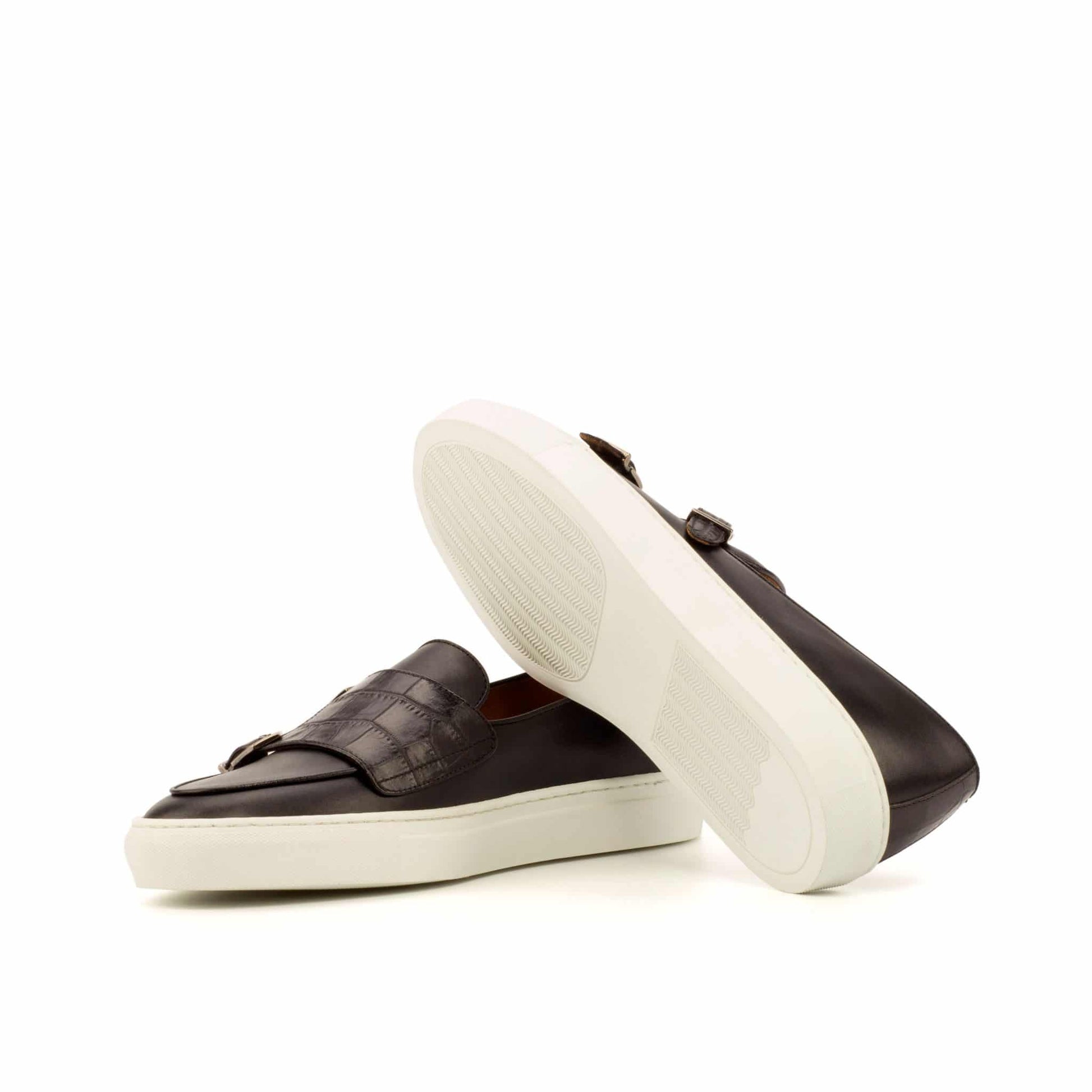 Black Croco Print Leather Slip On Monk Strap Sneaker for Men. White Comfortable Cup Sole.