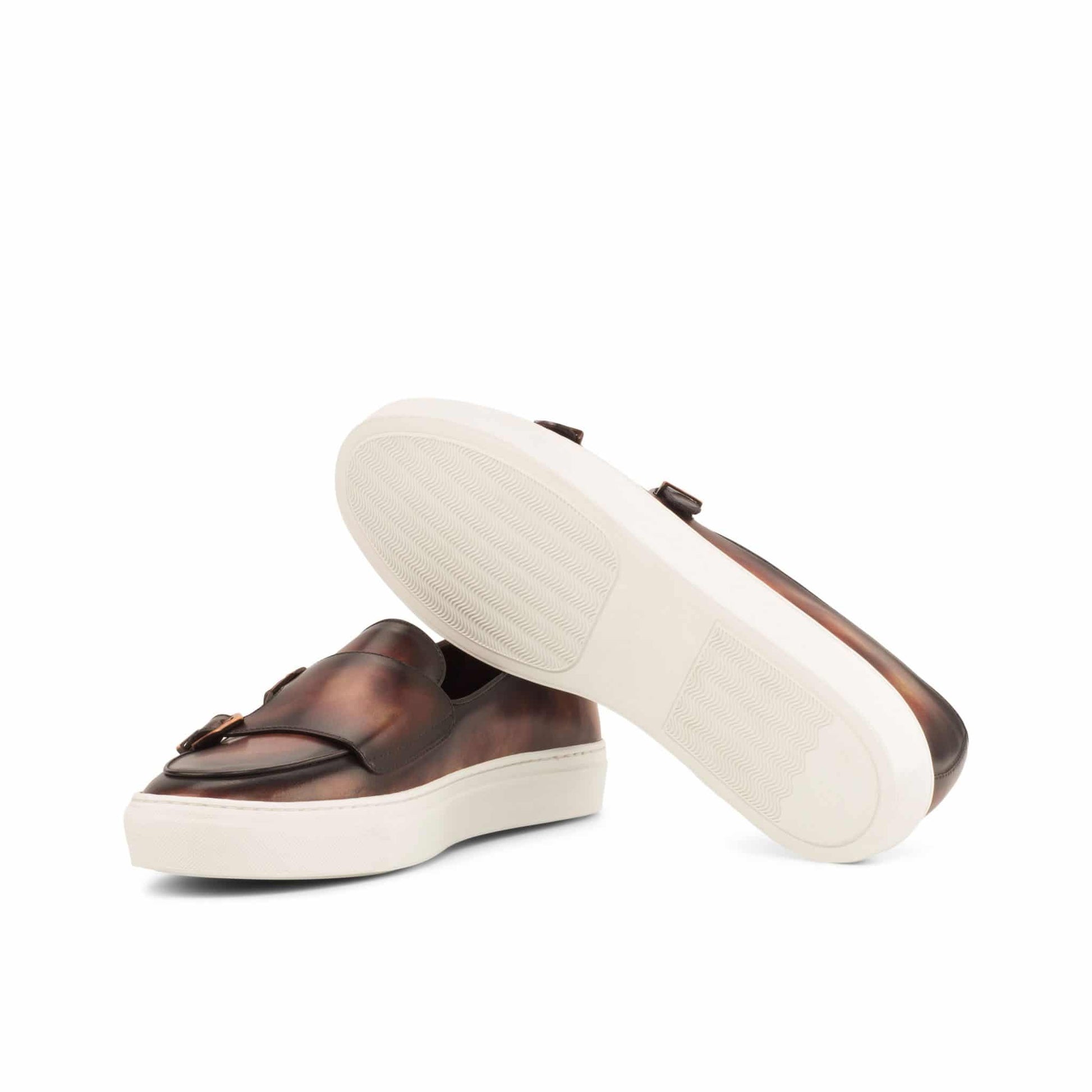 Dark Brown Patina Finish Leather Slip On Monk Strap Sneaker for Men. White Comfortable Cup Sole.