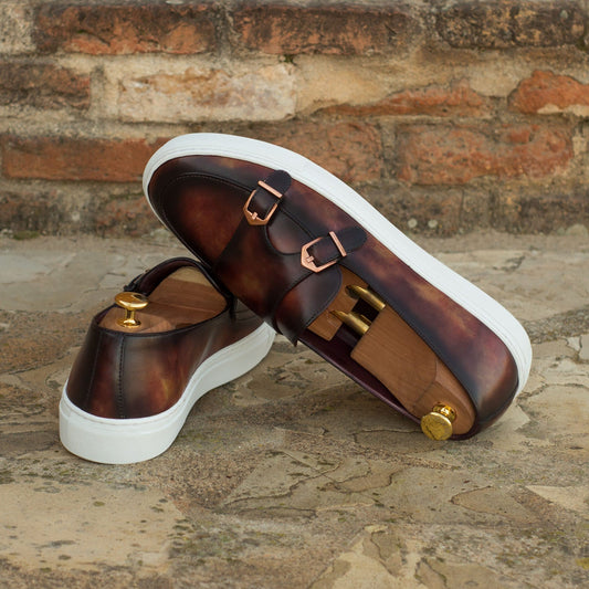 Dark Brown Patina Finish Leather Slip On Monk Strap Sneaker for Men. White Comfortable Cup Sole.
