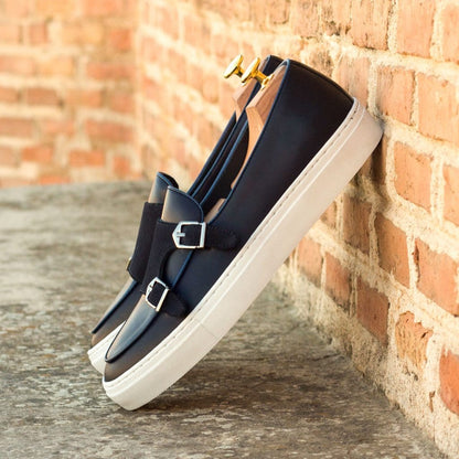 Navy Blue Suede & Leather Slip On Monk Strap Sneaker for Men. White Comfortable Cup Sole.