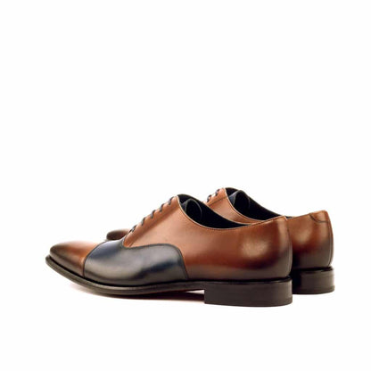 Navy Blue Tan Finish Leather Formal Toe Cap Oxford Lace Up Shoes for Men with Leather Sole. Goodyear Welted Construction Available.