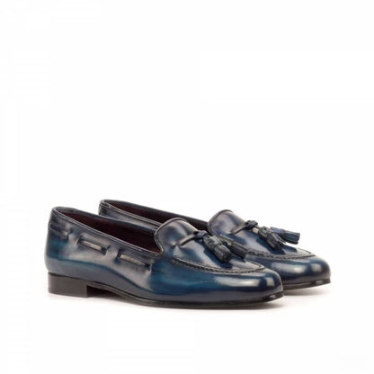 Amelia Navy Blue Patina Finish Belgian Tassel Loafer for Women