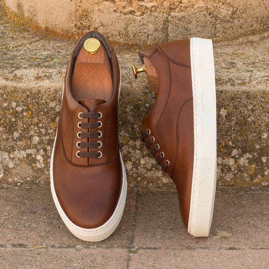 Brown Leather Low Top Lace Up Sneaker for Men. White Comfortable Cup Sole.