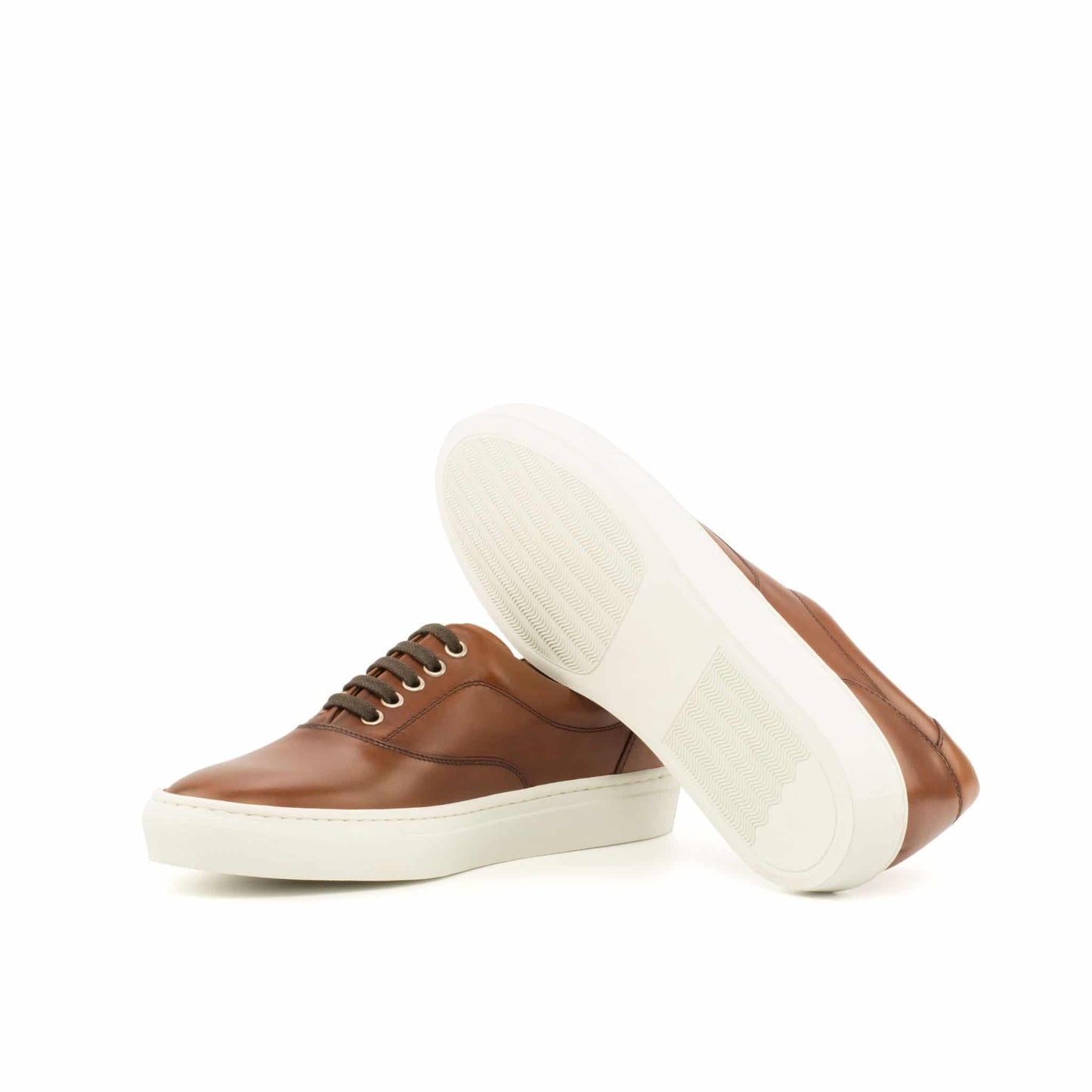 Tan Leather Low Top Lace Up Sneaker for Men. White Comfortable Cup Sole.