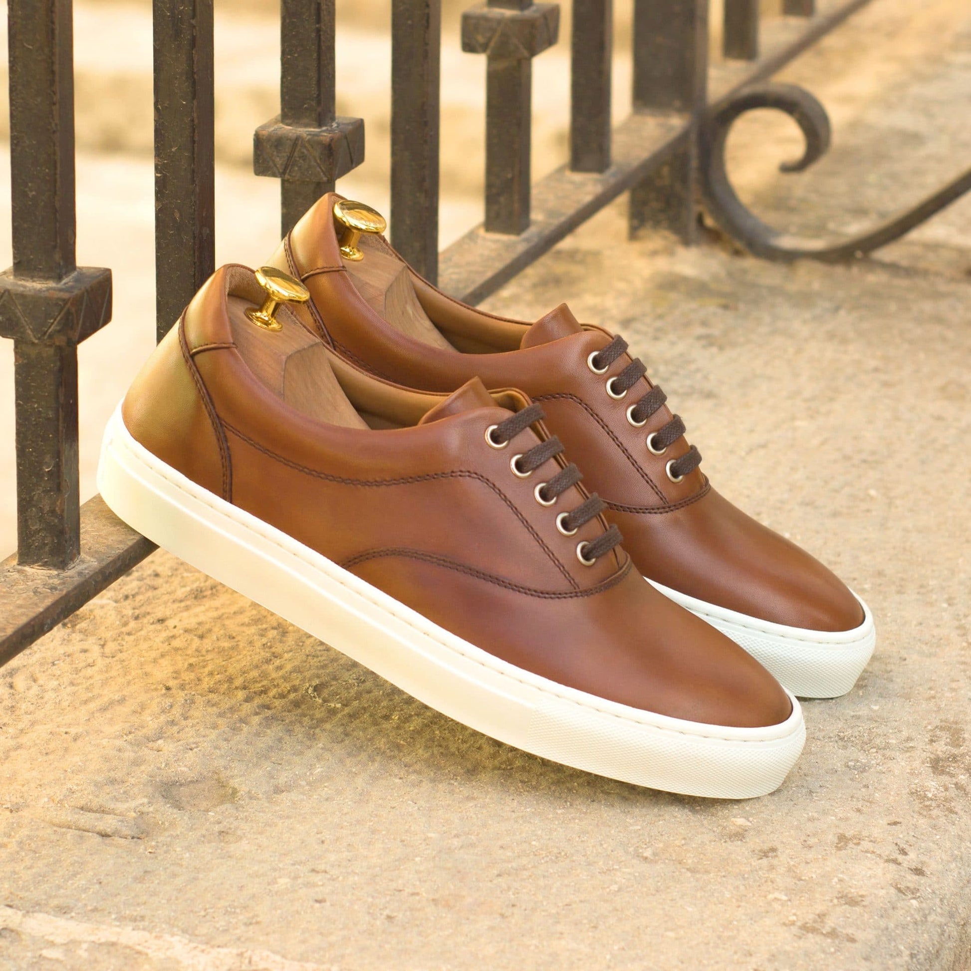 Tan Leather Low Top Lace Up Sneaker for Men. White Comfortable Cup Sole.