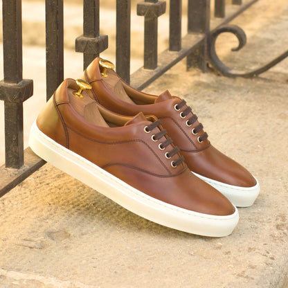 Tan Leather Low Top Lace Up Sneaker for Men. White Comfortable Cup Sole.