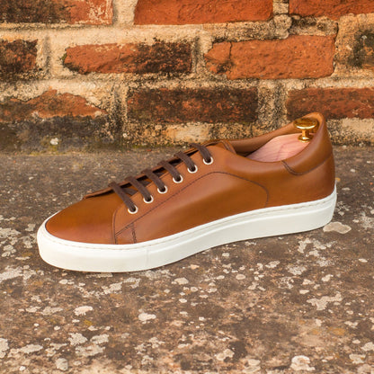 Tan Leather Low Top Lace Up Sneaker for Men. White Comfortable Cup Sole.