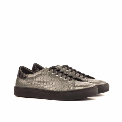 Grey Patina Finish Croco Print Leather Low Top Lace Up Sneaker for Men. Black Comfortable Cup Sole.