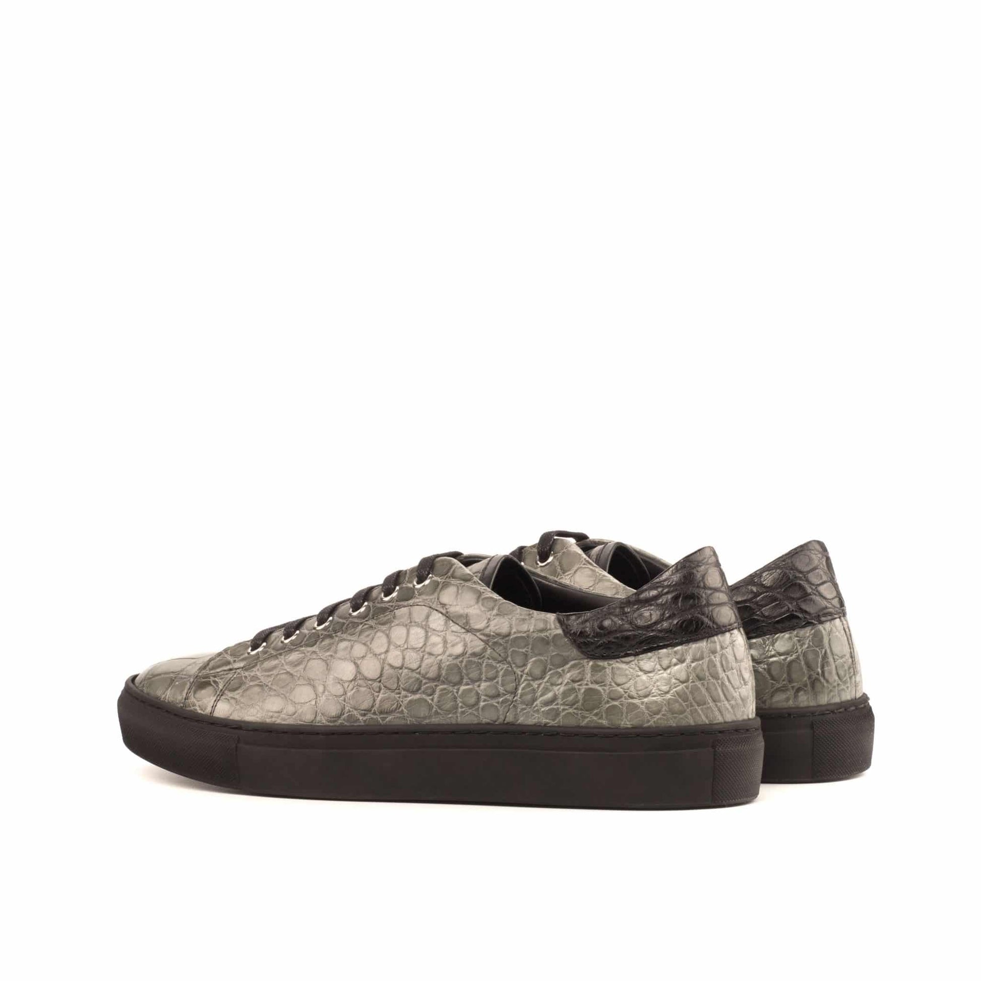 Grey Patina Finish Croco Print Leather Low Top Lace Up Sneaker for Men. Black Comfortable Cup Sole.