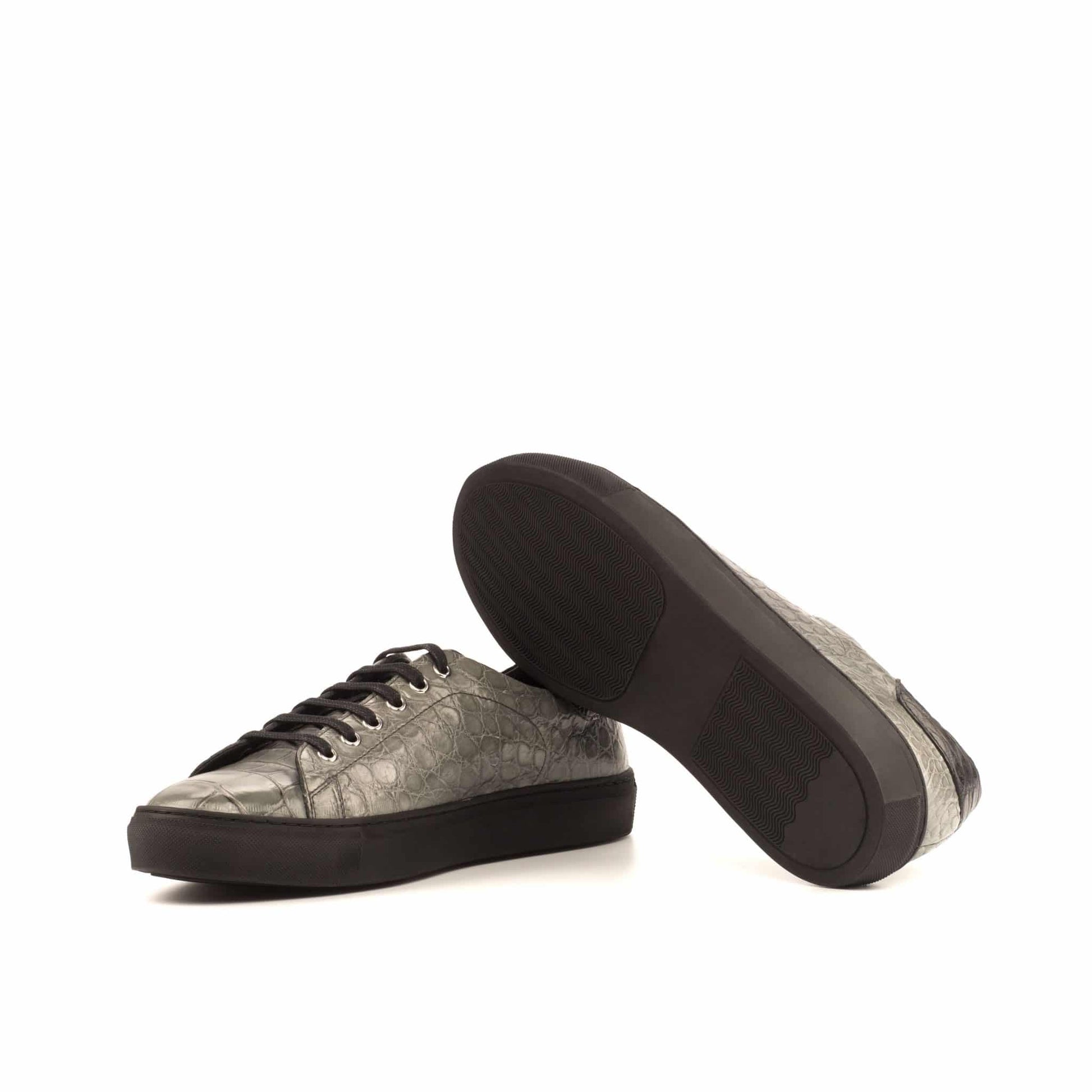 Grey Patina Finish Croco Print Leather Low Top Lace Up Sneaker for Men. Black Comfortable Cup Sole.