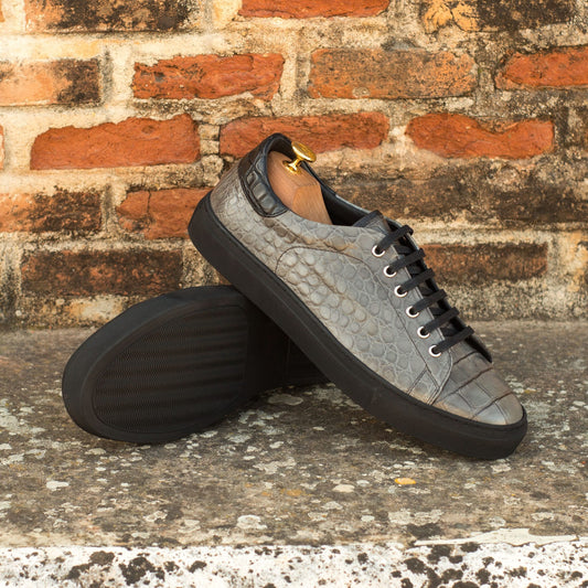 Grey Patina Finish Croco Print Leather Low Top Lace Up Sneaker for Men. Black Comfortable Cup Sole.