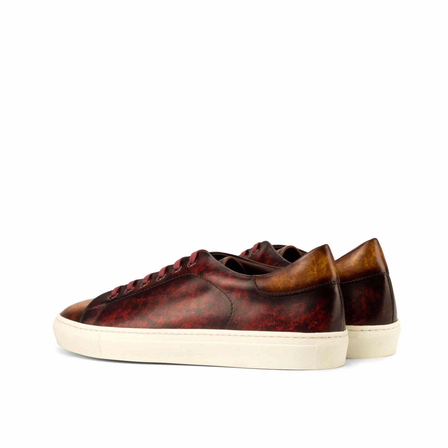 Tan Burgundy Patina Finish Leather Low Top Lace Up Sneaker for Men. White Comfortable Cup Sole.