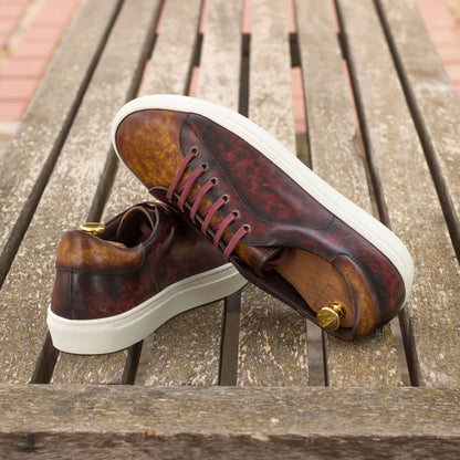 Tan Burgundy Patina Finish Leather Low Top Lace Up Sneaker for Men. White Comfortable Cup Sole.