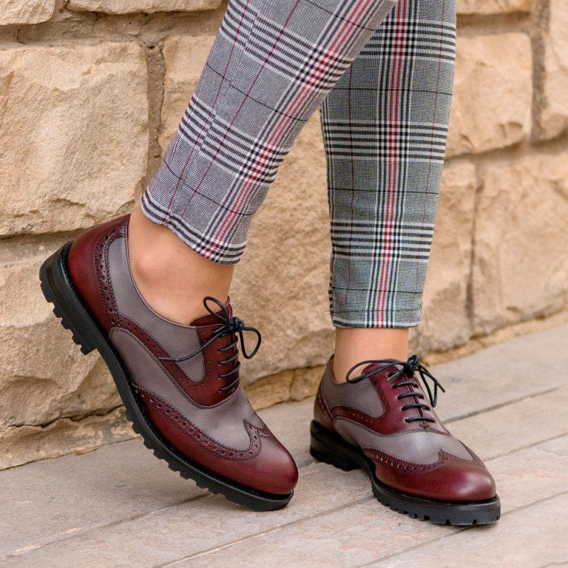 Lexie Chunky Burgundy & Grey Leather Brogue Oxford for Women