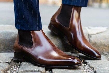 Brown Leather Formal Chelsea Boot Slip On Shoes for Men with Leather Sole. Goodyear Welted Construction Available.