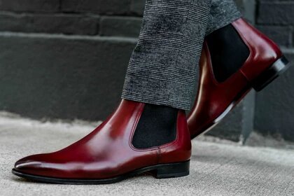Burgundy Ox Blood Red Leather Formal Chelsea Boot Slip On Shoes for Men with Leather Sole. Goodyear Welted Construction Available.