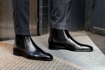 Black Leather Formal Chelsea Boot Slip On Shoes for Men with Leather Sole. Goodyear Welted Construction Available.