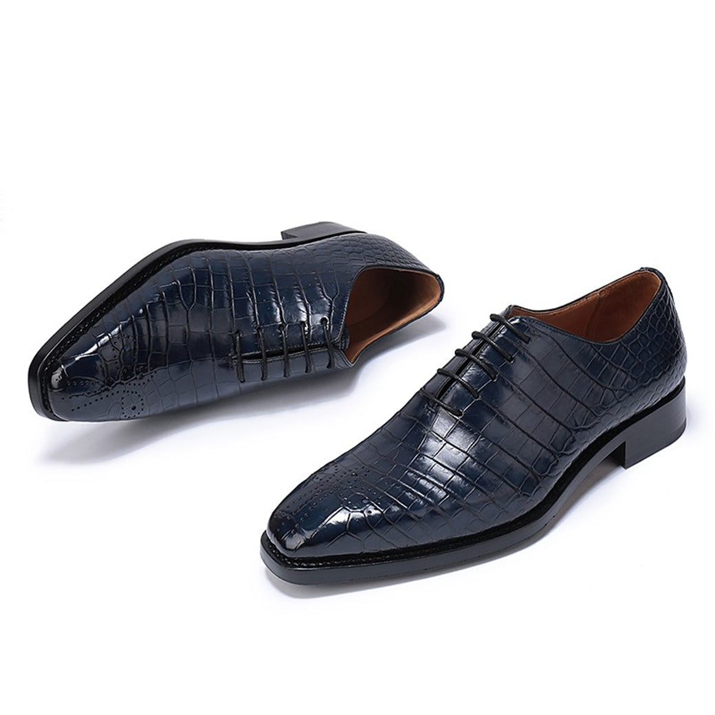 Navy Blue Croco Print Leather Formal Oxford Wholecut Lace Up Shoes for Men with Leather Sole. Goodyear Welted Construction Available.