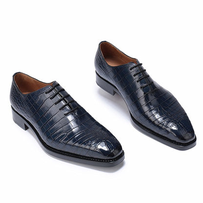 Navy Blue Croco Print Leather Formal Oxford Wholecut Lace Up Shoes for Men with Leather Sole. Goodyear Welted Construction Available.