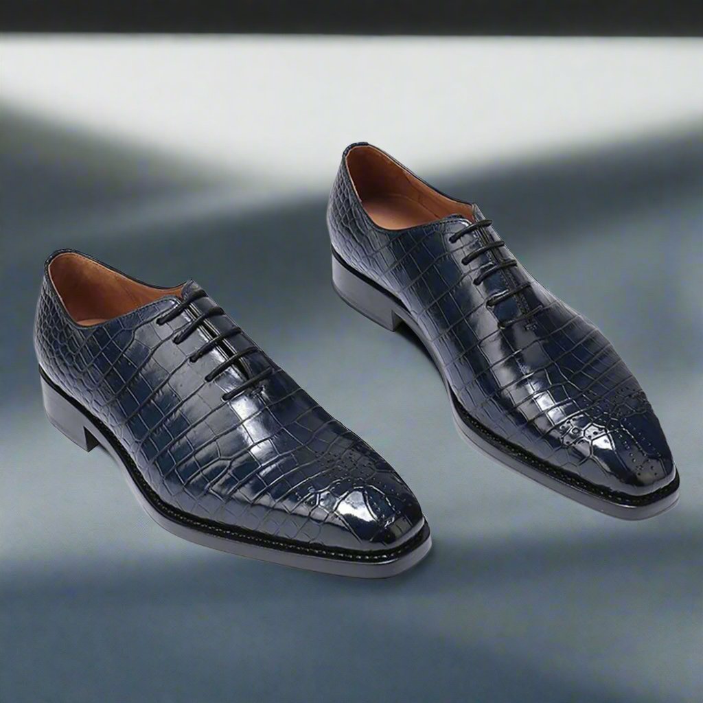 Navy Blue Croco Print Leather Formal Oxford Wholecut Lace Up Shoes for Men with Leather Sole. Goodyear Welted Construction Available.