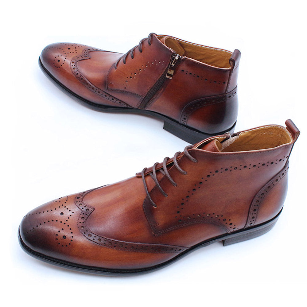 Flint Tan Wingtip Patina Derby Zip Lace Up Boot