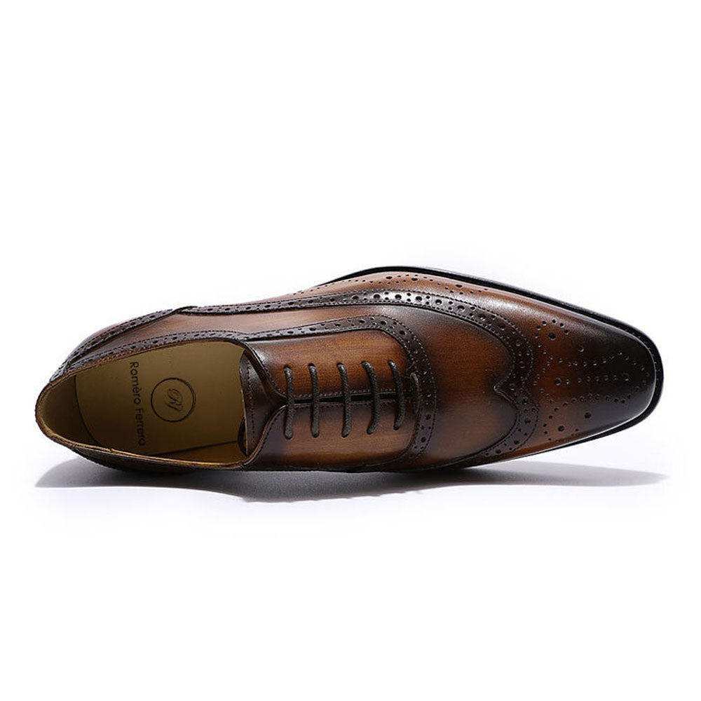Tan Brown Leather Patina Finish Formal Wingtip Oxford Brogue Lace Up Shoes for Men. Manmade Comfortable Sole. Customization Available.