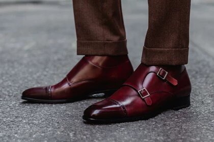 Burgundy Leather Formal Toe Cap Double Monk Strap Buckle Boot Shoes for Men with Leather Sole. Goodyear Welted Construction Available.