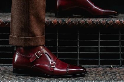 Burgundy Leather Formal Toe Cap Double Monk Strap Buckle Boot Shoes for Men with Leather Sole. Goodyear Welted Construction Available.
