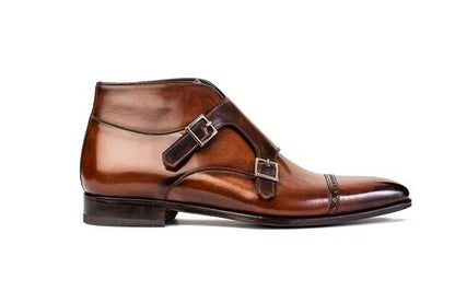 Dark Tan Leather Formal Toe Cap Double Monk Strap Buckle Boot Shoes for Men with Leather Sole. Goodyear Welted Construction Available.