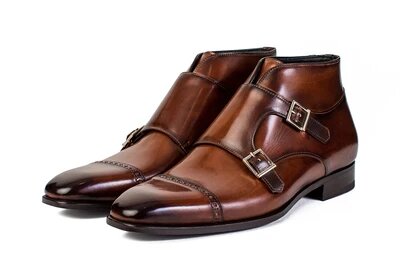 Dark Tan Leather Formal Toe Cap Double Monk Strap Buckle Boot Shoes for Men with Leather Sole. Goodyear Welted Construction Available.