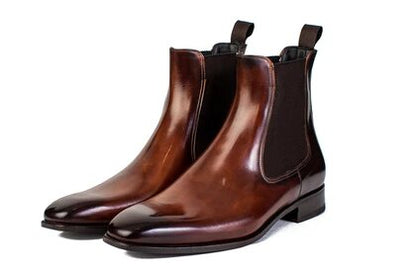 Dark Tan Leather Formal Chelsea Boot Slip On Shoes for Men with Leather Sole. Goodyear Welted Construction Available.
