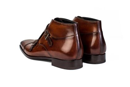 Dark Tan Leather Formal Toe Cap Double Monk Strap Buckle Boot Shoes for Men with Leather Sole. Goodyear Welted Construction Available.